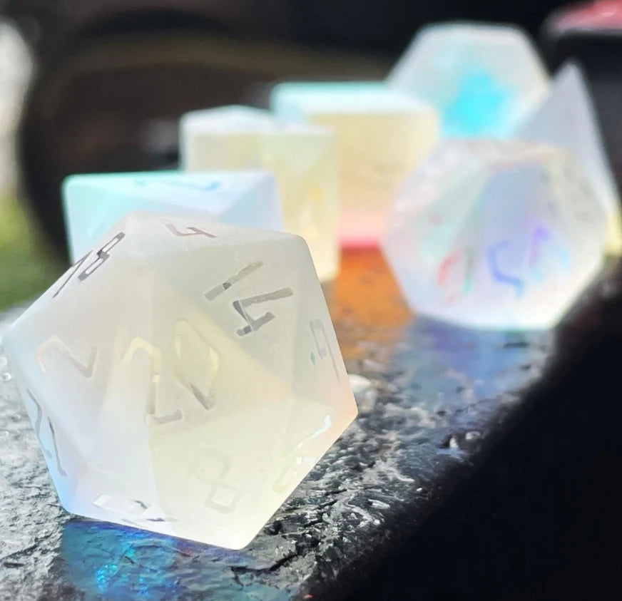 Norse Foundry Gemstone Dice: Frosted K9 Rainbow Glass - Raised 7 Piece RPG Set