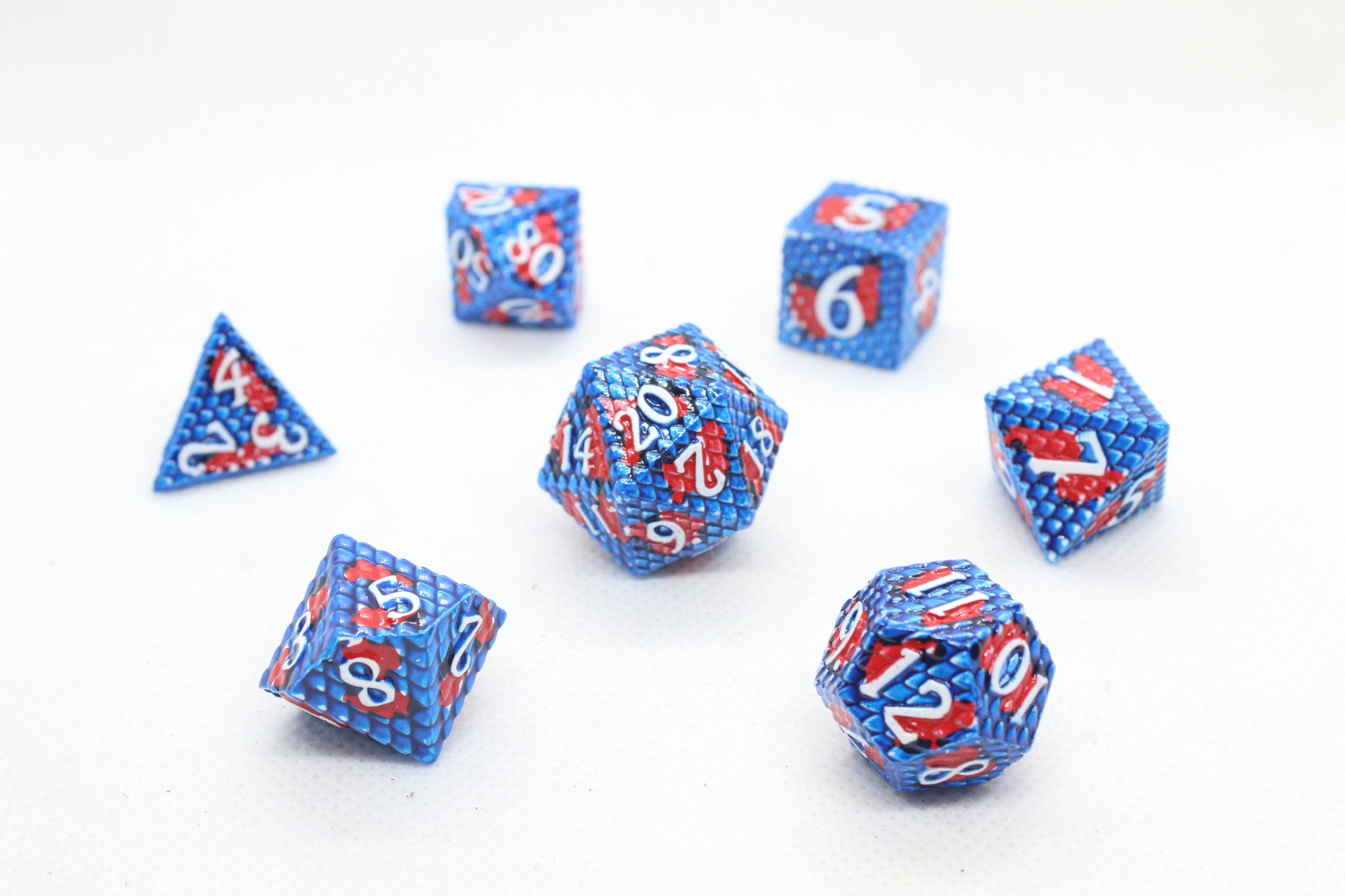 Metal Dice: Dragonscale Blue and Red with Silver