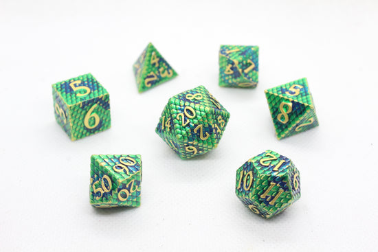 Metal Dice: Dragonscale Green and Blue with Gold