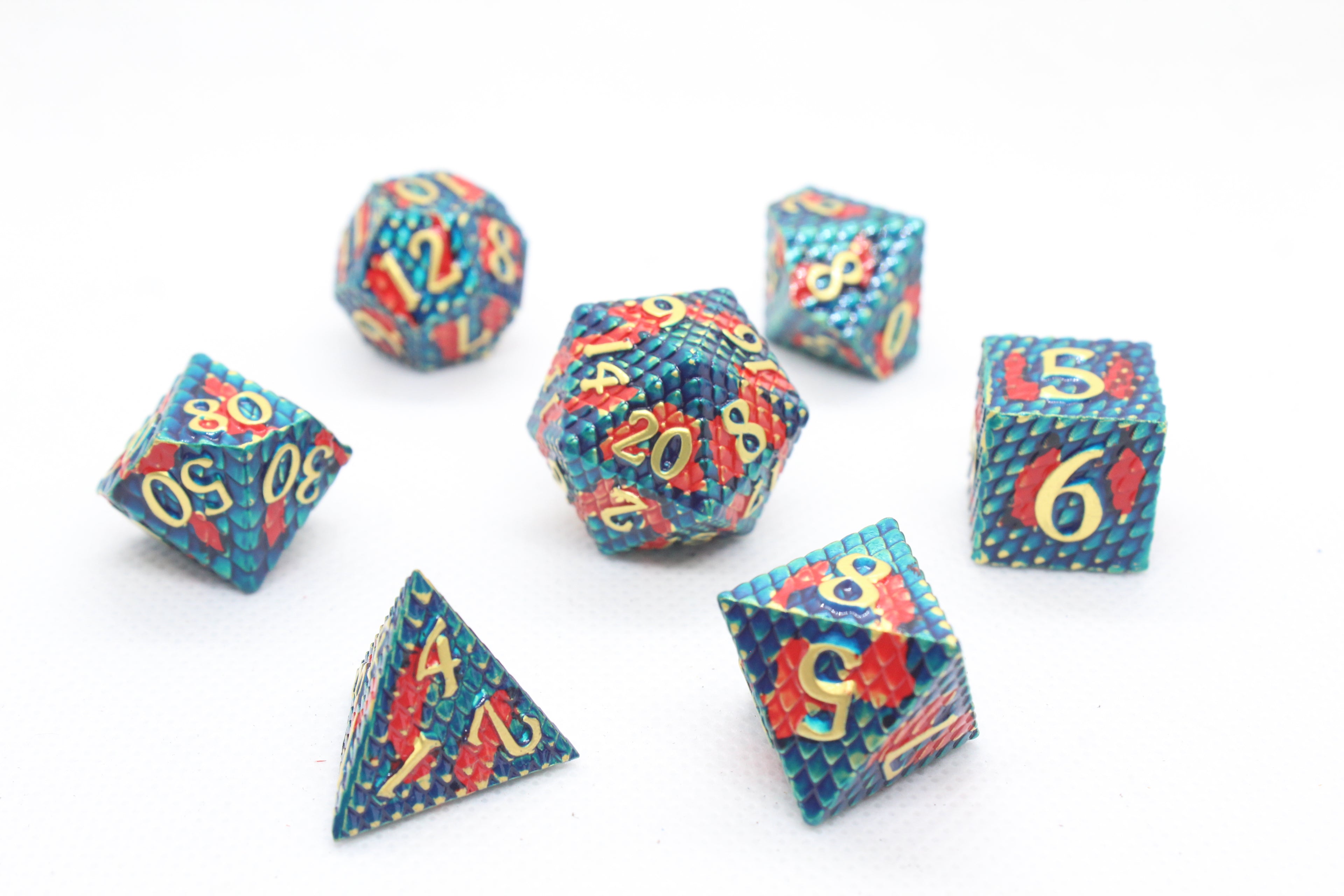Metal Dice: Dragonscale Red and Teal with Gold