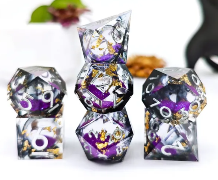 Sharp Edge Liquid Glow in the Dark Dice: Purple and Gold