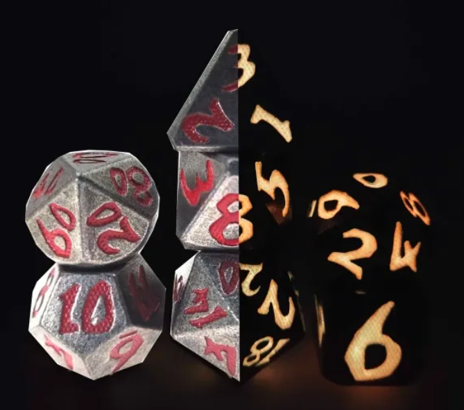 Metal Dice - Dragon Scale Font - Glow in the Dark Red